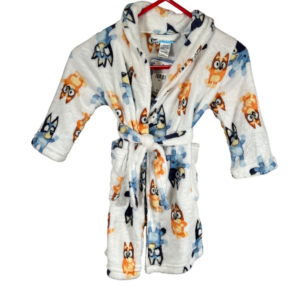Bluey Bingo Kids Fleece Bathrobe White Blue Orange Size 4T Brand New Bath Time